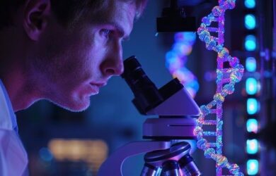 Forskare undersöker DNA med mikroskop i ett blåviolett laboratorium